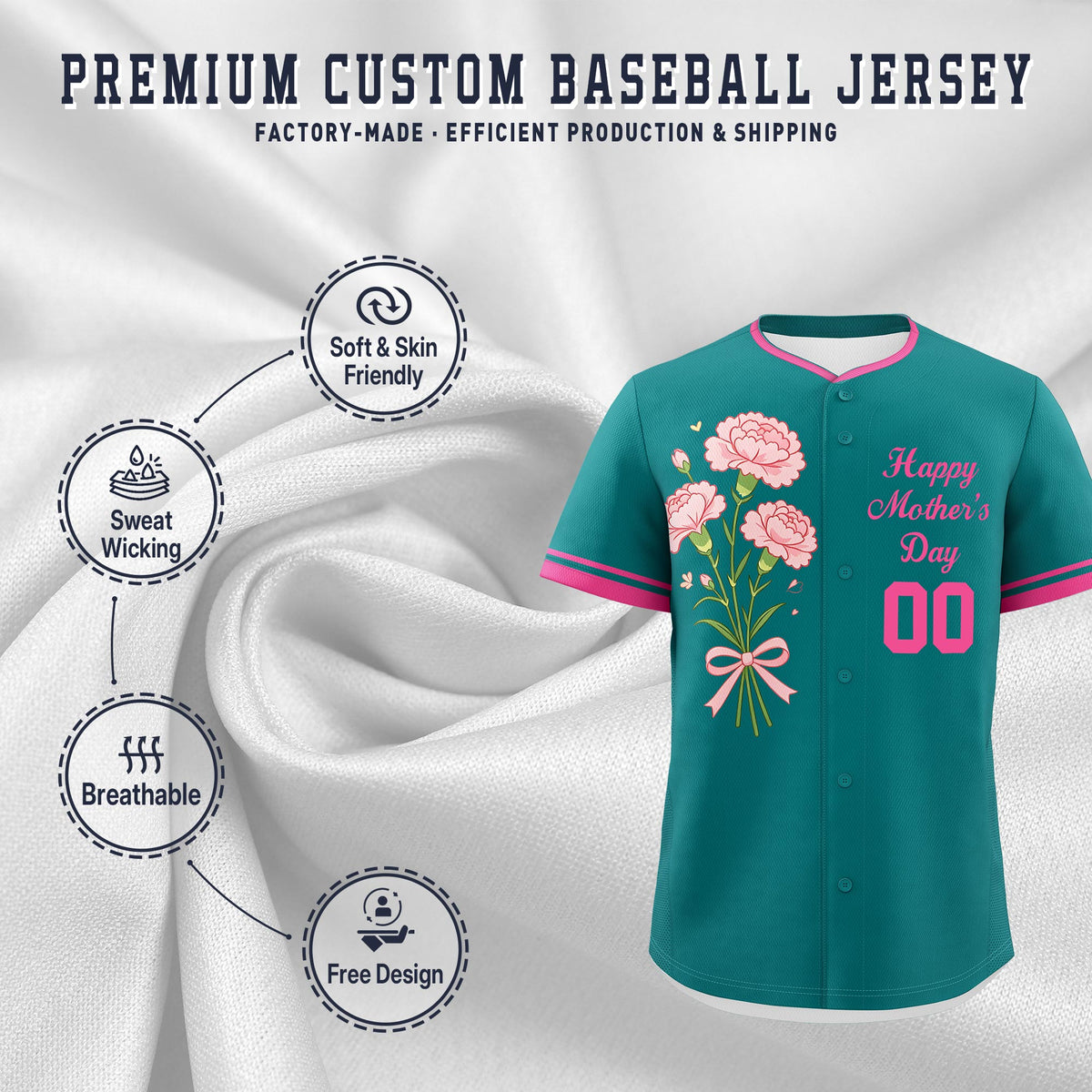 Custom Teal Pink Mother's Day Style Personalization Breathable Baseball Jersey| KXKSHOP