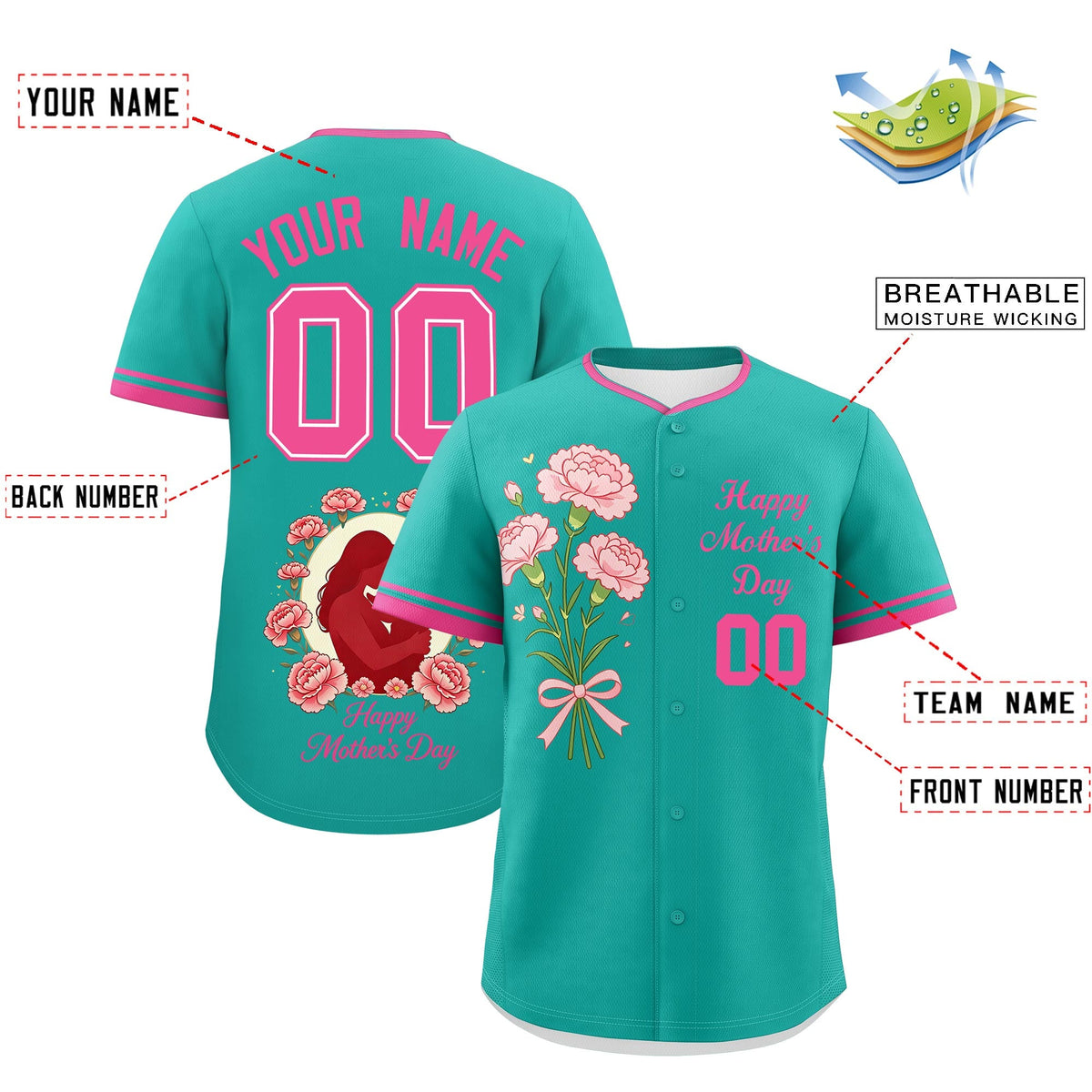 Custom Aqua Pink Mother's Day Style Personalization Wrinkle-Resistant Baseball Jersey| KXKSHOP