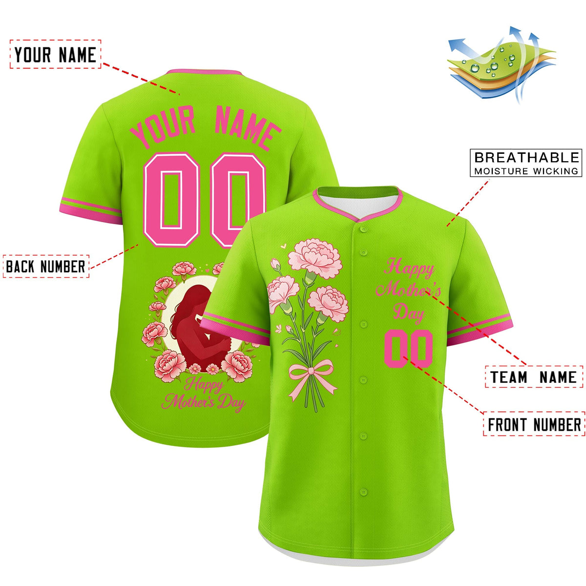 Custom Neon Green Pink Mother's Day Style Personalization Breathable Baseball Jersey| KXKSHOP