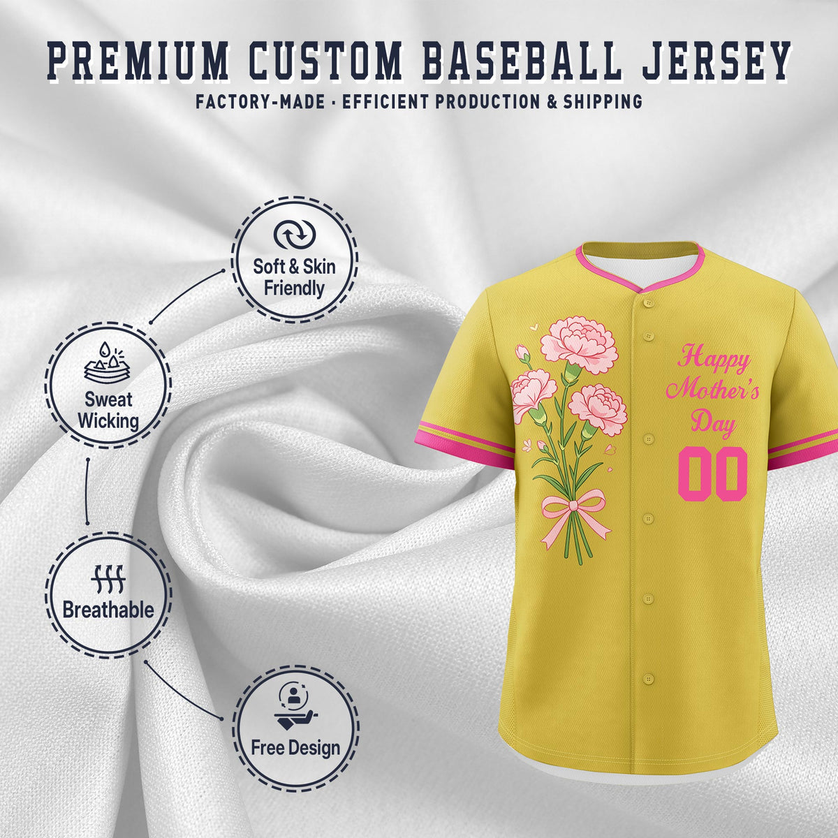 Custom Old Gold Pink Mother's Day Style Personalization Breathable Baseball Jersey| KXKSHOP
