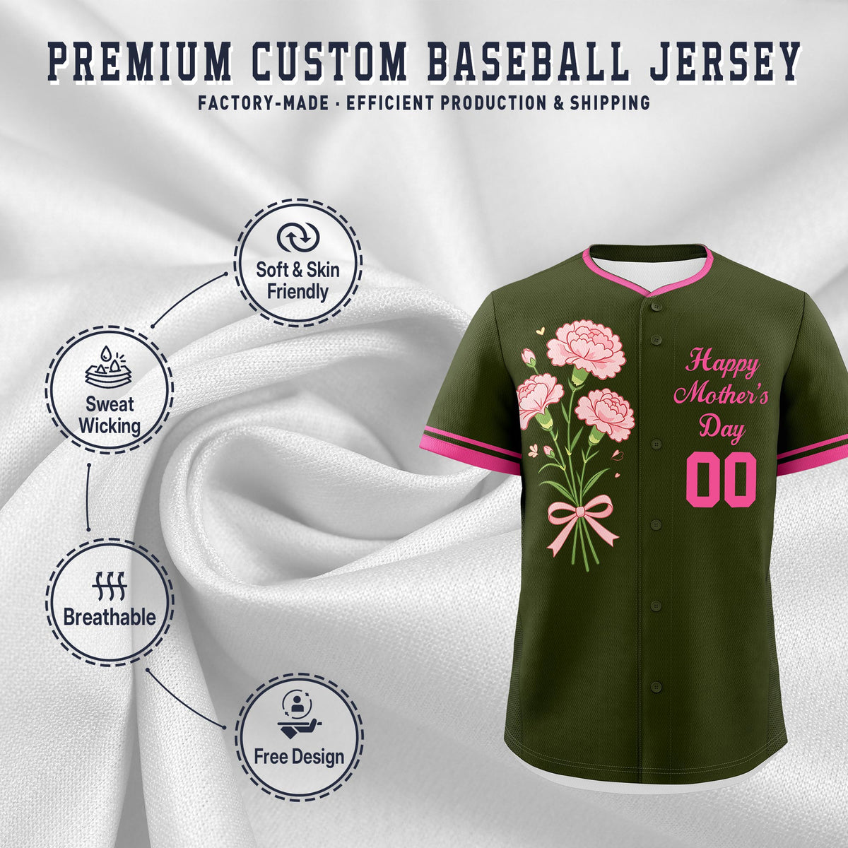 Custom Olive Pink Mother's Day Style Personalization Breathable Baseball Jersey| KXKSHOP