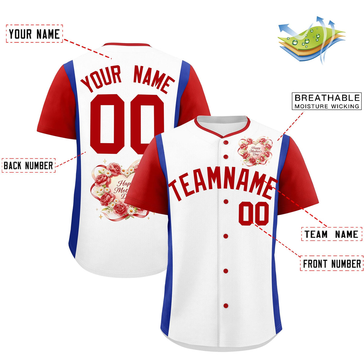 Custom White Red Royal Blue Mother's Day Style Personalization Wrinkle-Resistant Baseball Jersey| KXKSHOP