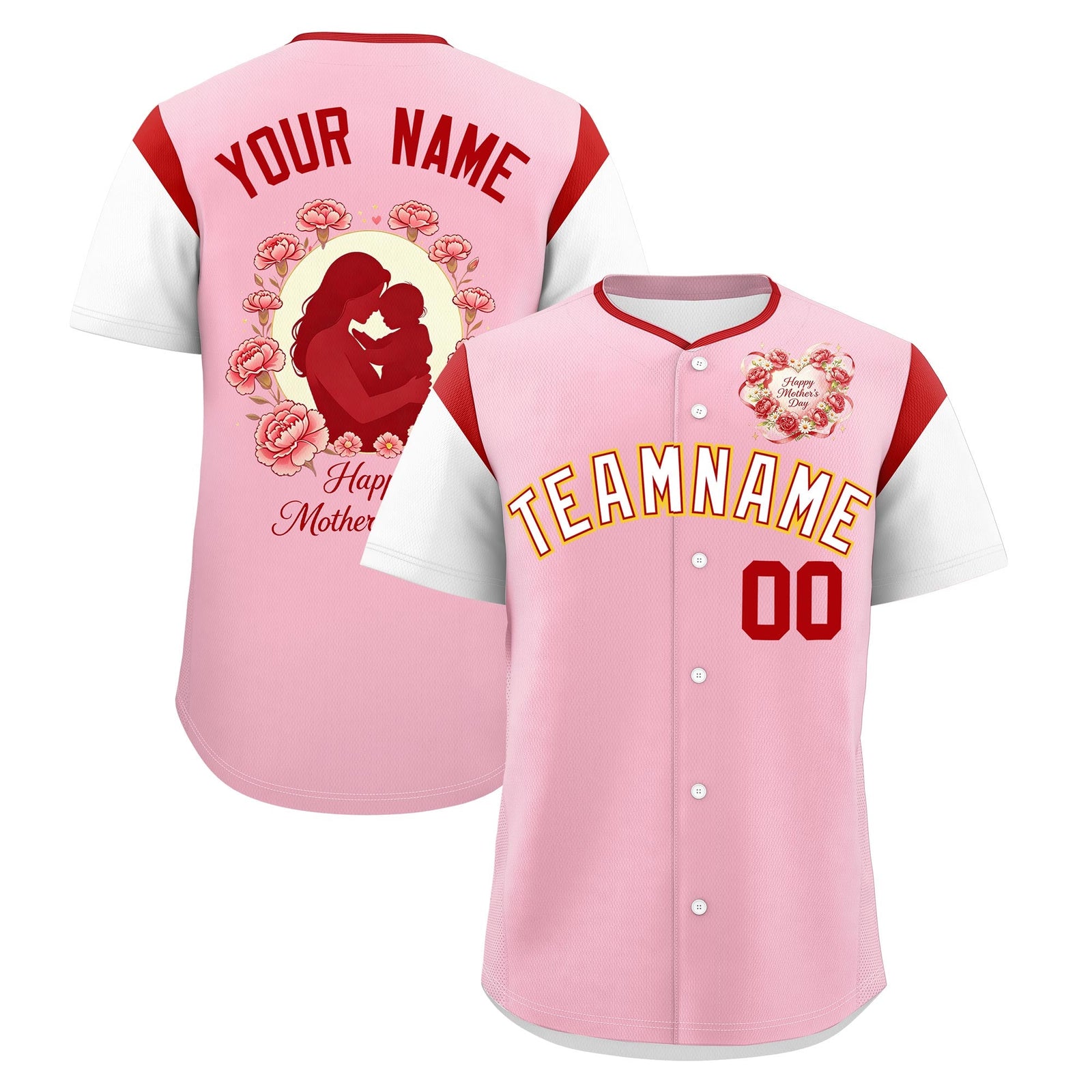 Custom Light Pink White Red Mother's Day Style Personalization Breathable Baseball Jersey| KXKSHOP