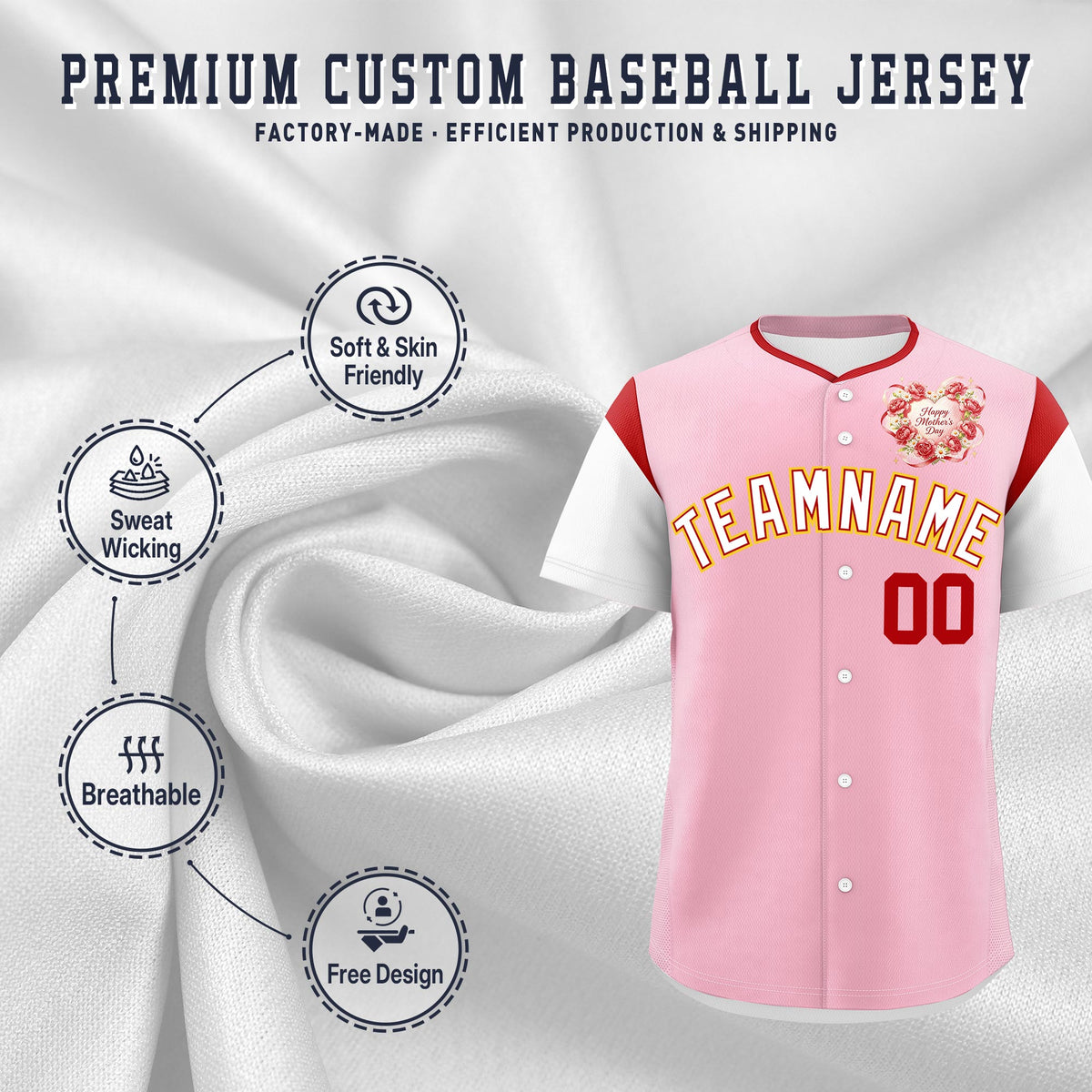 Custom Light Pink White Red Mother's Day Style Personalization Breathable Baseball Jersey| KXKSHOP