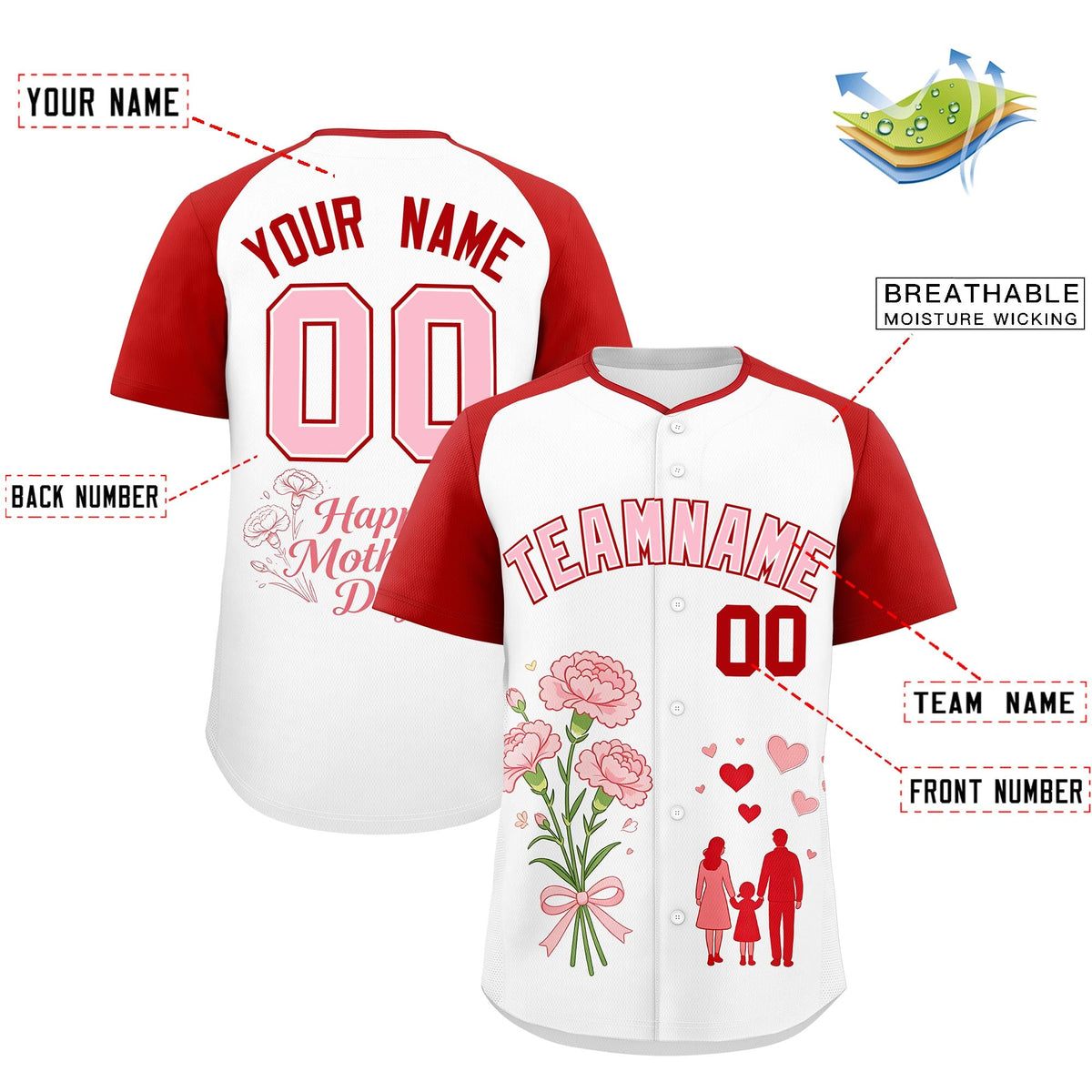 Custom White Red Light Pink Mother's Day Style Personalization Wrinkle-Resistant Baseball Jersey| KXKSHOP