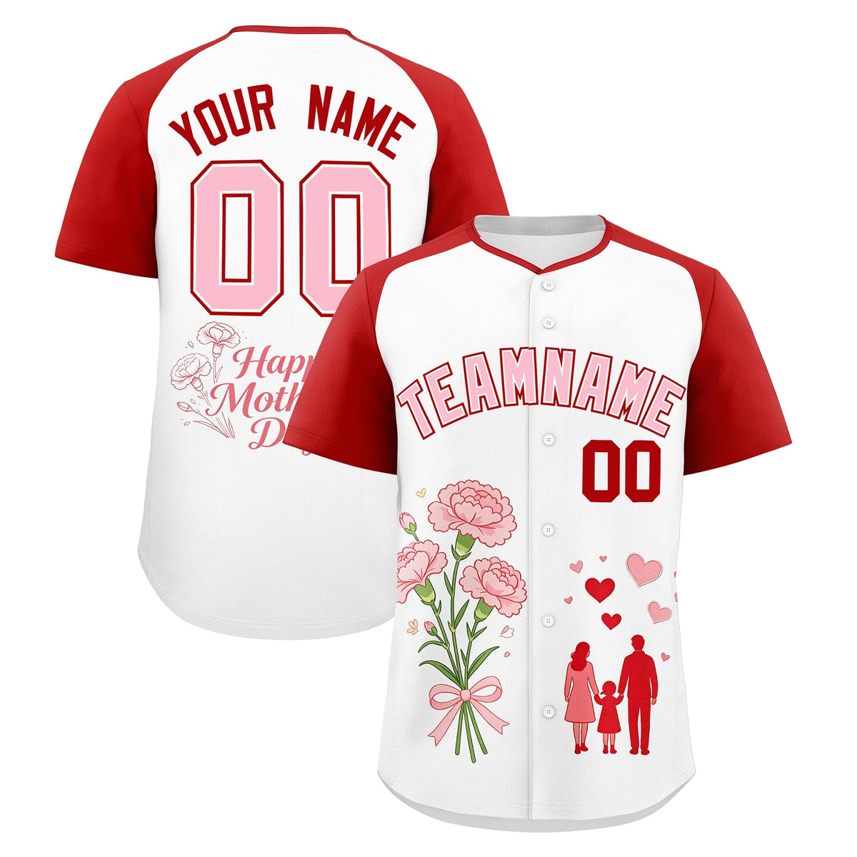 Custom White Red Light Pink Mother's Day Style Personalization Wrinkle-Resistant Baseball Jersey| KXKSHOP