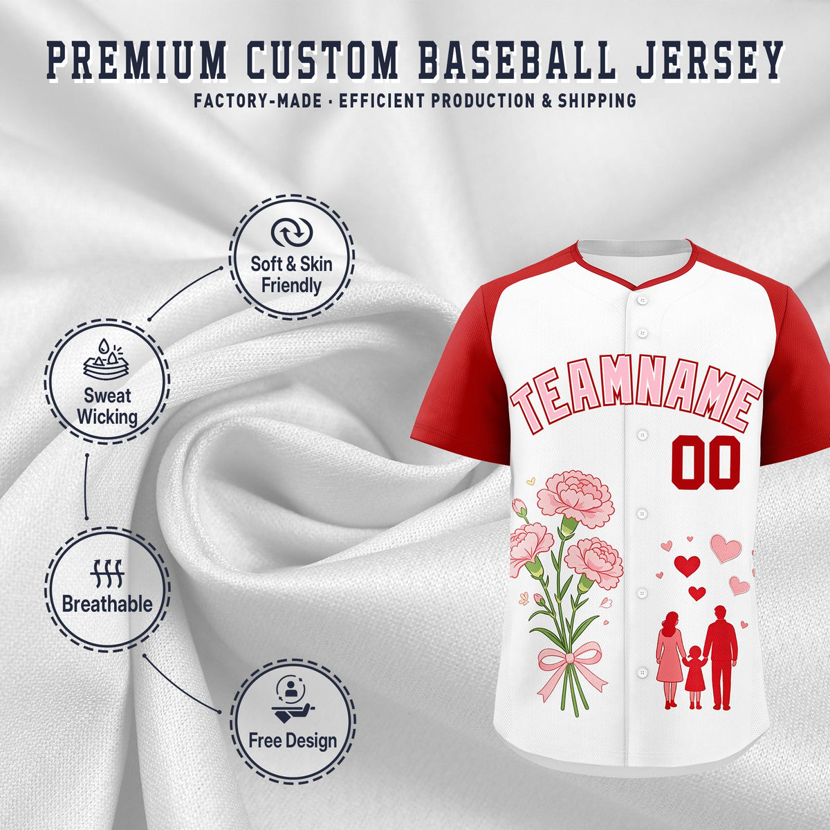Custom White Red Light Pink Mother's Day Style Personalization Wrinkle-Resistant Baseball Jersey| KXKSHOP