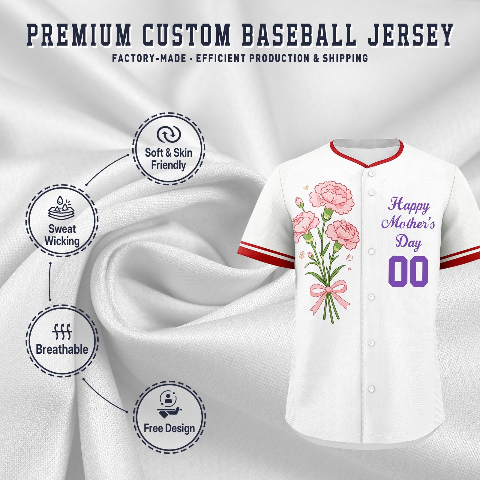 Custom White Red Mother's Day Style Personalization Wrinkle-Resistant Baseball Jersey| KXKSHOP