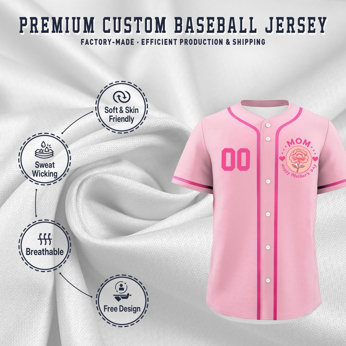Custom Light Pink Pink Mother's Day Style Personalization Wrinkle-Resistant Baseball Jersey| KXKSHOP