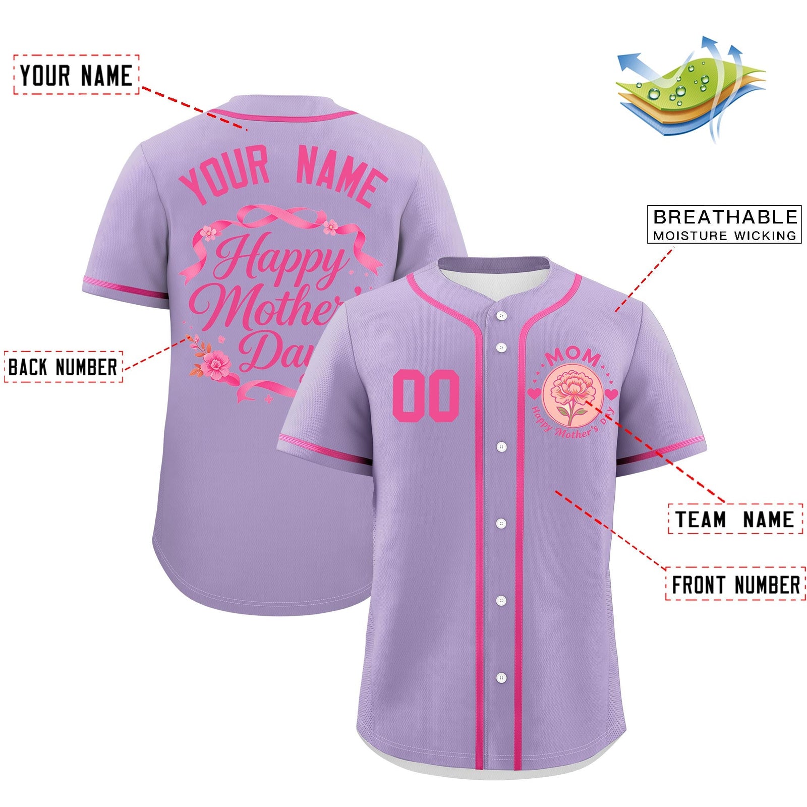 Custom Light Purple Pink Mother's Day Style Personalization Breathable Baseball Jersey| KXKSHOP