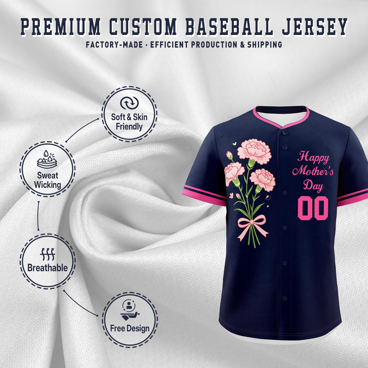Custom Navy Pink Mother's Day Style Personalization Wrinkle-Resistant Baseball Jersey| KXKSHOP
