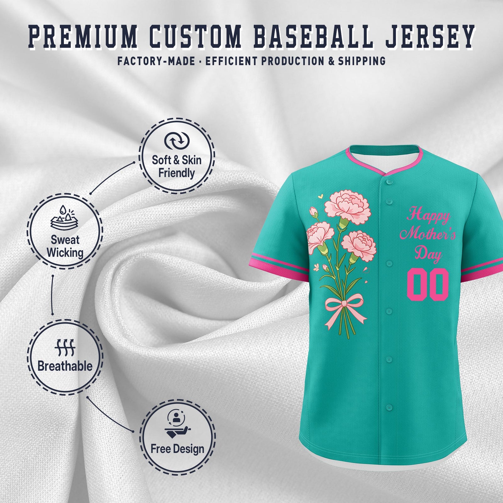Custom Aqua Pink Mother's Day Style Personalization Wrinkle-Resistant Baseball Jersey| KXKSHOP