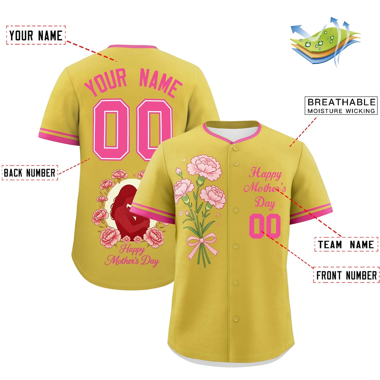 Custom Old Gold Pink Mother's Day Style Personalization Breathable Baseball Jersey| KXKSHOP