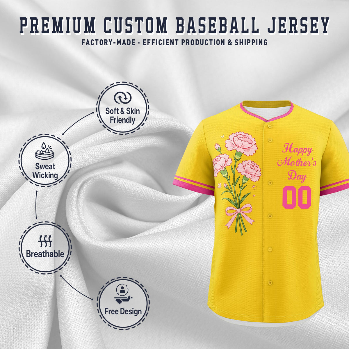 Custom Gold Pink Mother's Day Style Personalization Wrinkle-Resistant Baseball Jersey| KXKSHOP
