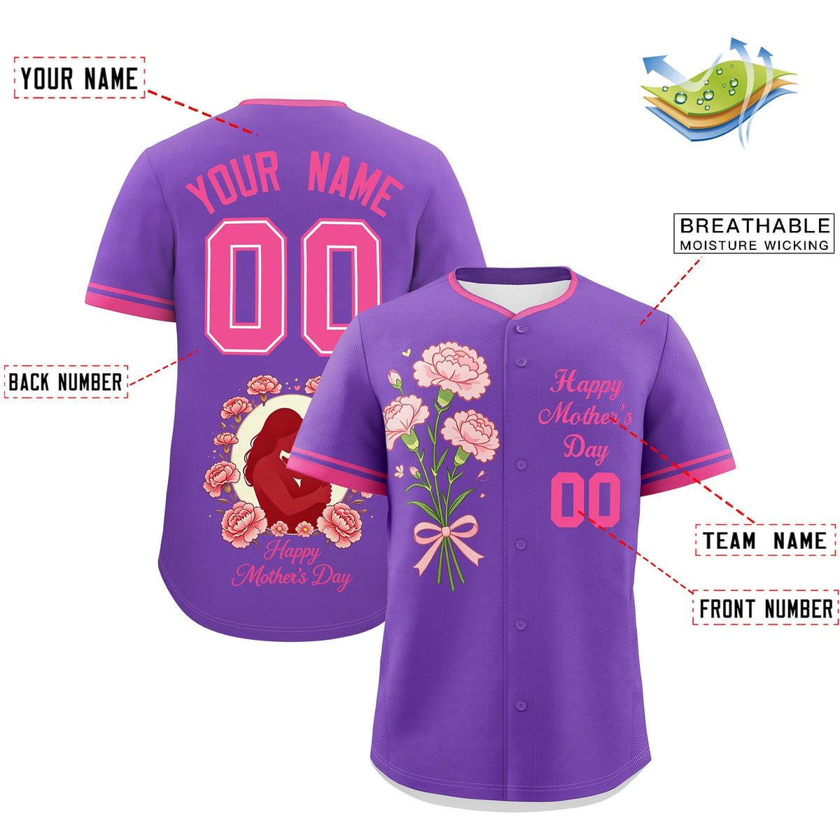 Custom Pink Mother's Day Style Personalization Wrinkle-Resistant Baseball Jersey| KXKSHOP