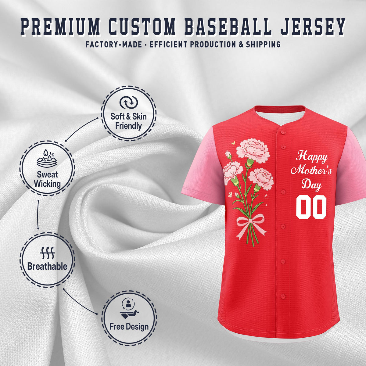Custom Light Red Light Pink White Mother's Day Style Personalization Breathable Baseball Jersey| KXKSHOP