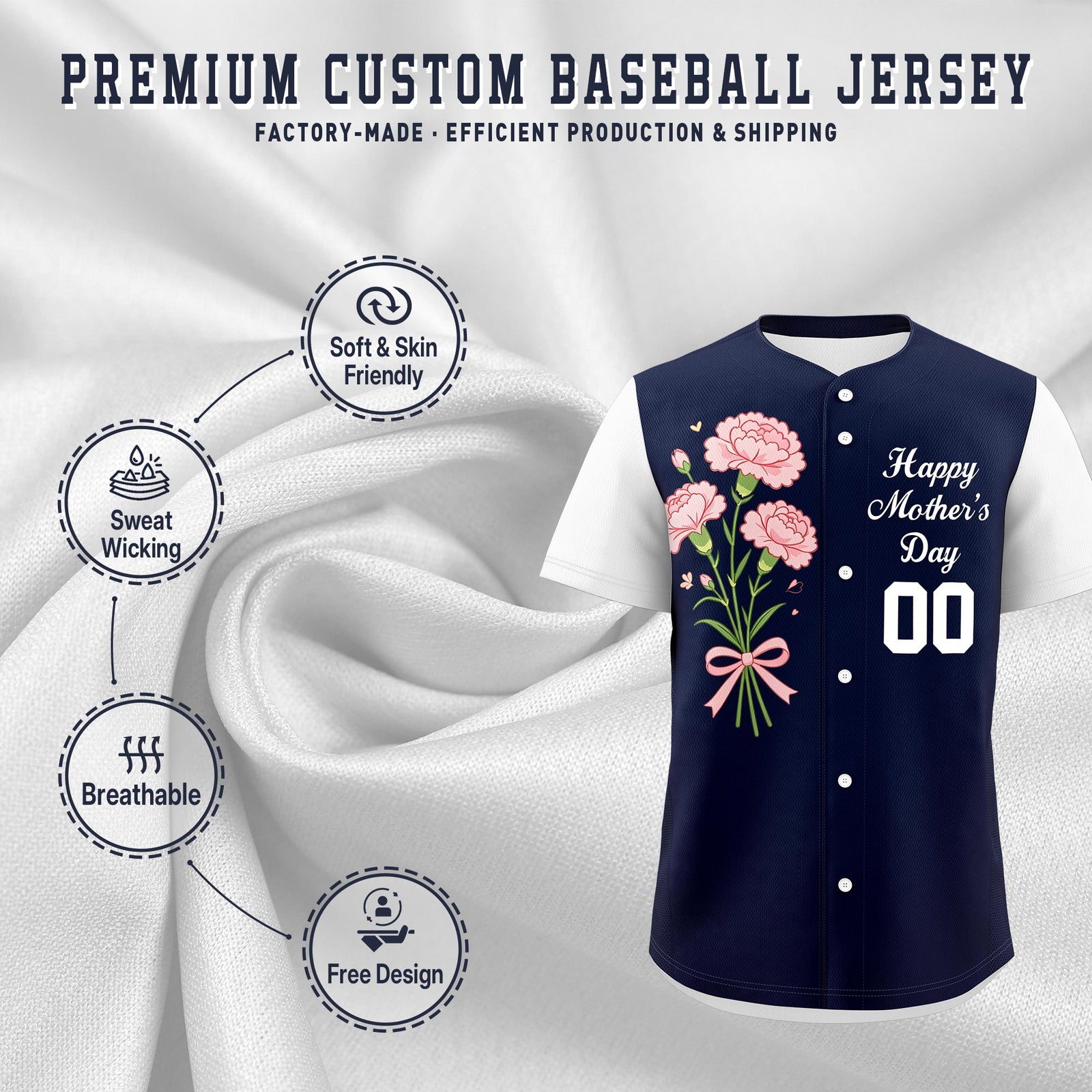 Custom Navy White Mother's Day Style Personalization Wrinkle-Resistant Baseball Jersey| KXKSHOP