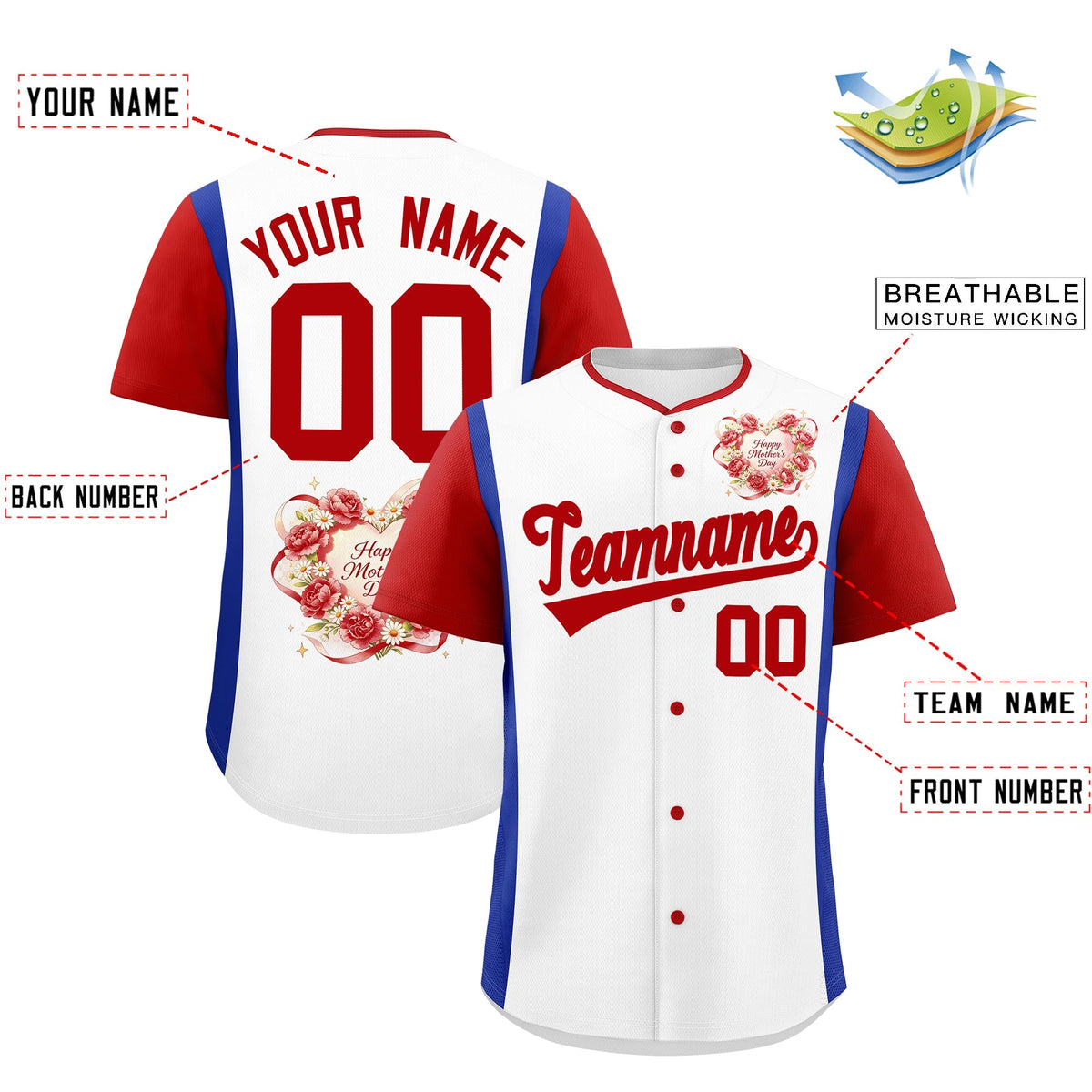 Custom White Red Royal Blue Mother's Day Style Personalization Wrinkle-Resistant Baseball Jersey| KXKSHOP