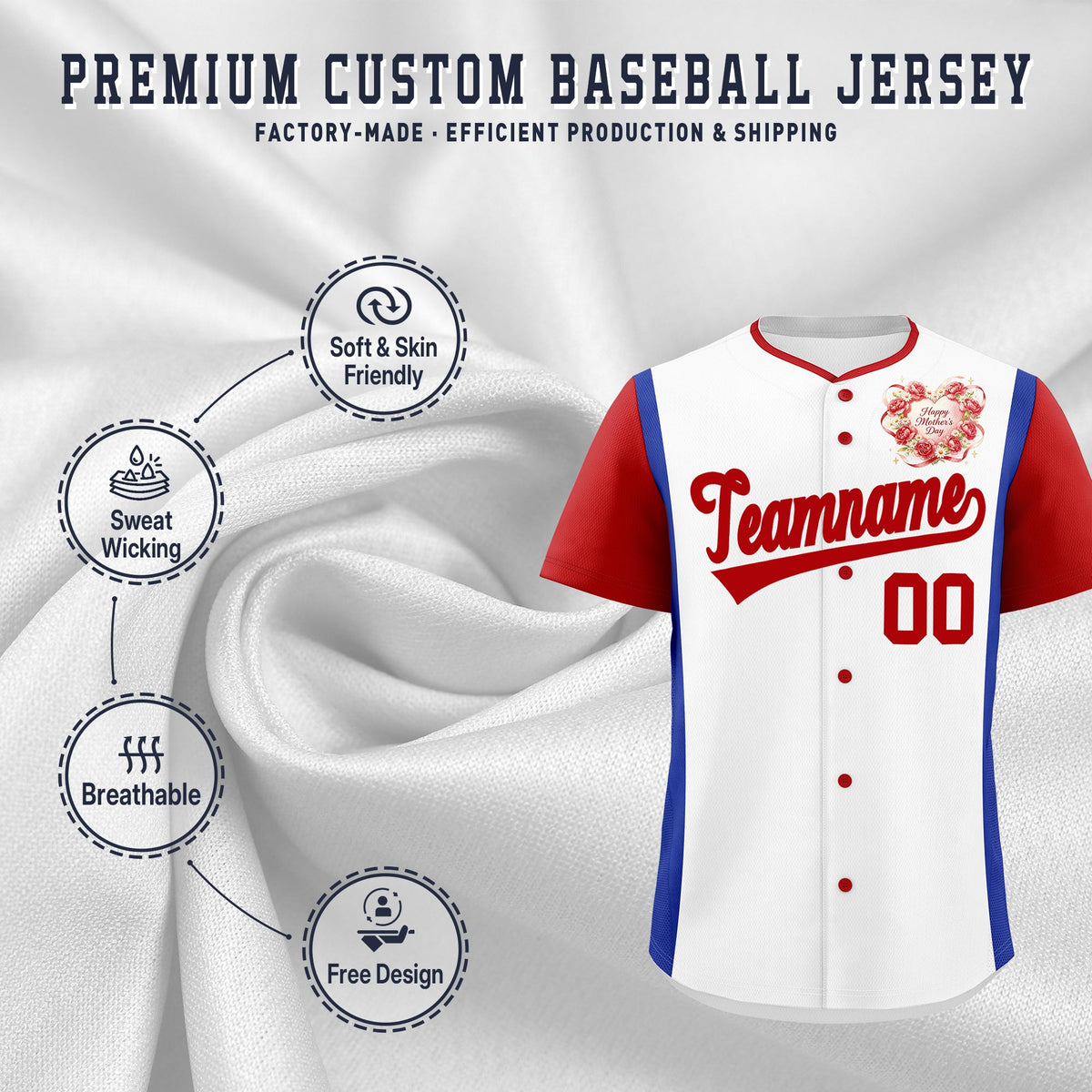 Custom White Red Royal Blue Mother's Day Style Personalization Wrinkle-Resistant Baseball Jersey| KXKSHOP