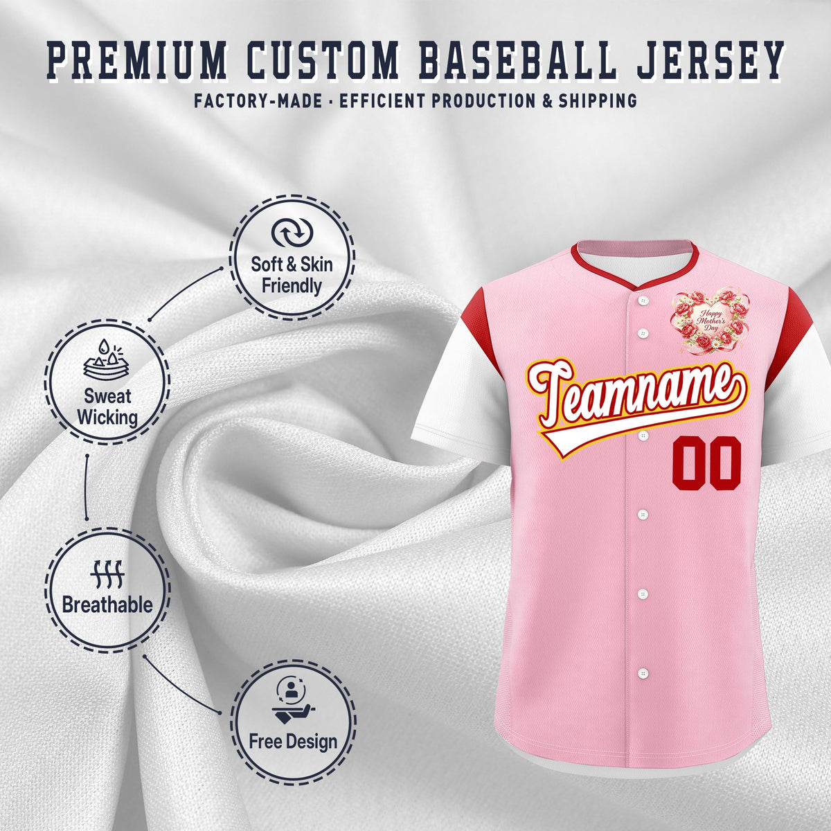 Custom Light Pink White Red Mother's Day Style Personalization Breathable Baseball Jersey| KXKSHOP