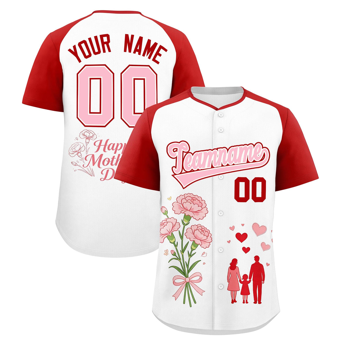 Custom White Red Light Pink Mother's Day Style Personalization Wrinkle-Resistant Baseball Jersey| KXKSHOP