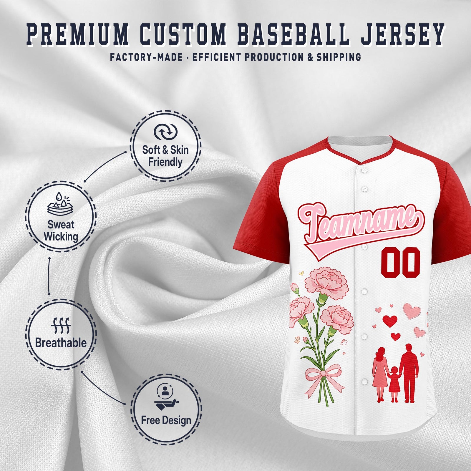Custom White Red Light Pink Mother's Day Style Personalization Wrinkle-Resistant Baseball Jersey| KXKSHOP