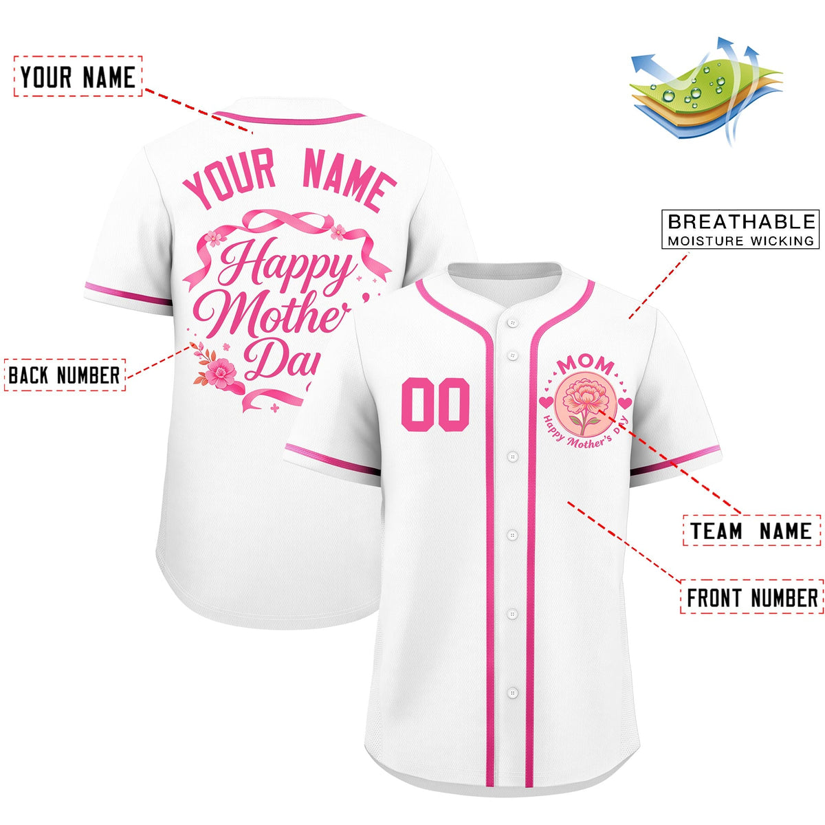Custom White Pink Mother's Day Style Personalization Wrinkle-Resistant Baseball Jersey| KXKSHOP