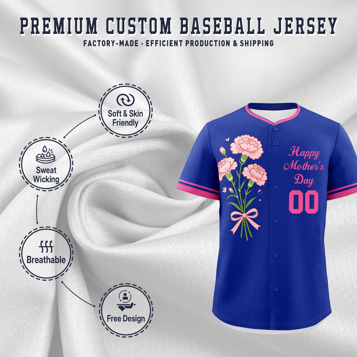 Custom Royal Blue Pink Mother's Day Style Personalization Breathable Baseball Jersey| KXKSHOP