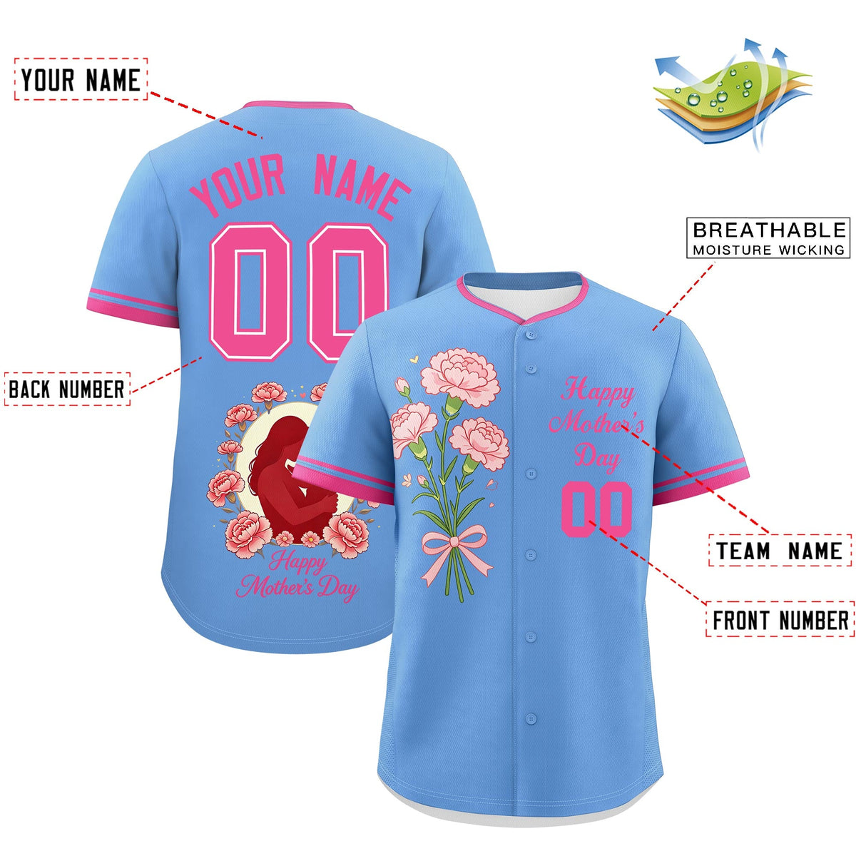 Custom Light Blue Pink Mother's Day Style Personalization Breathable Baseball Jersey| KXKSHOP
