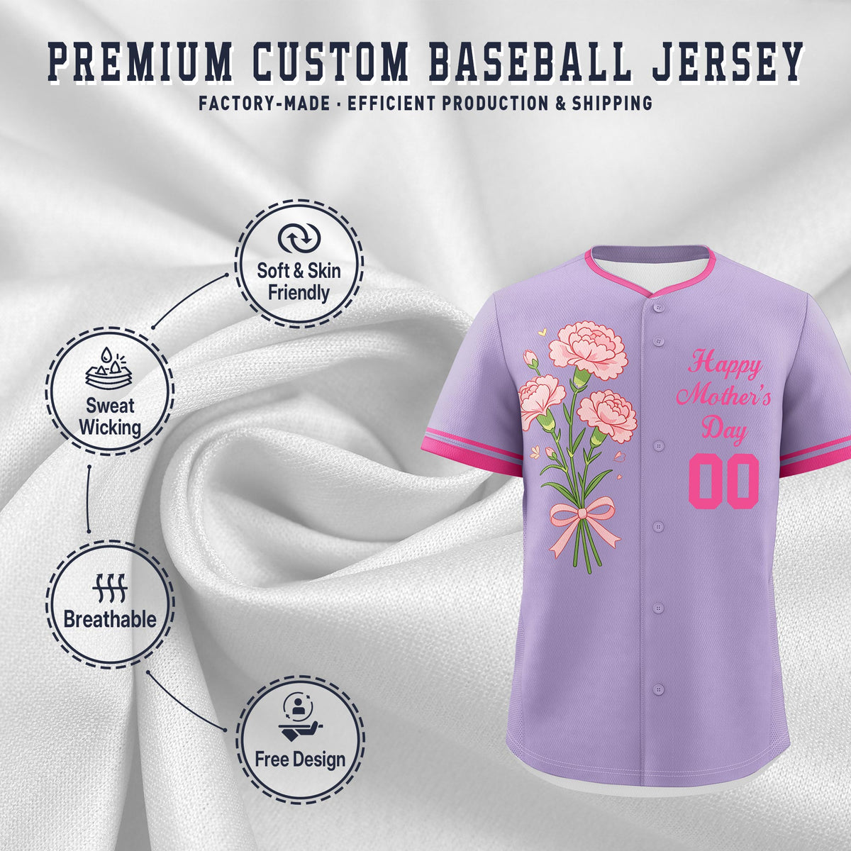 Custom Light Purple Pink Mother's Day Style Personalization Breathable Baseball Jersey| KXKSHOP