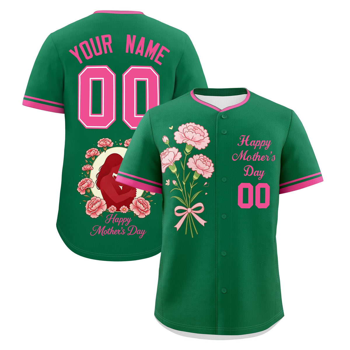 Custom Kelly Green Pink Mother's Day Style Personalization Wrinkle-Resistant Baseball Jersey| KXKSHOP