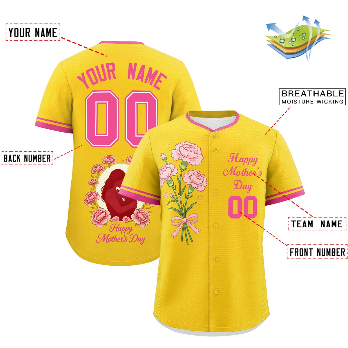 Custom Gold Pink Mother's Day Style Personalization Wrinkle-Resistant Baseball Jersey| KXKSHOP