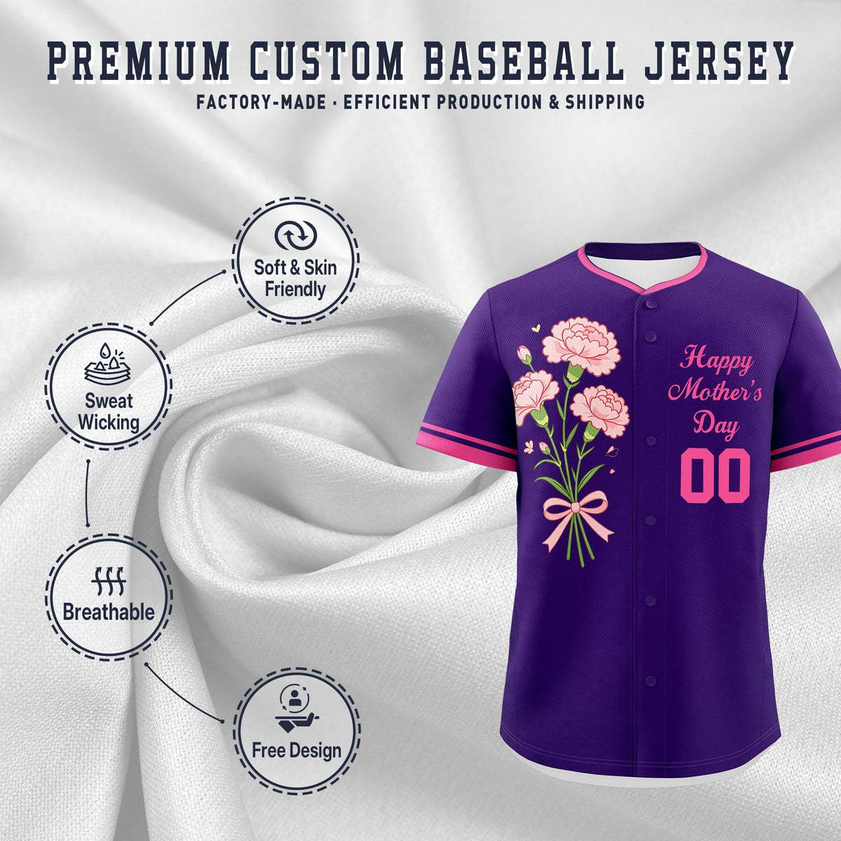 Custom Purple Pink Mother's Day Style Personalization Breathable Baseball Jersey| KXKSHOP