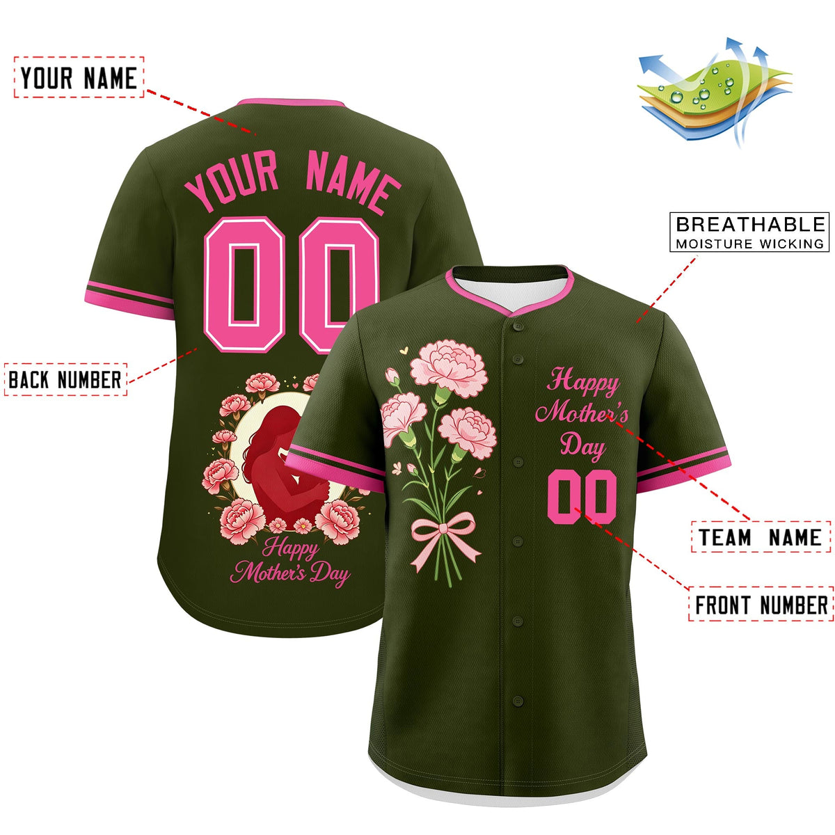 Custom Olive Pink Mother's Day Style Personalization Breathable Baseball Jersey| KXKSHOP