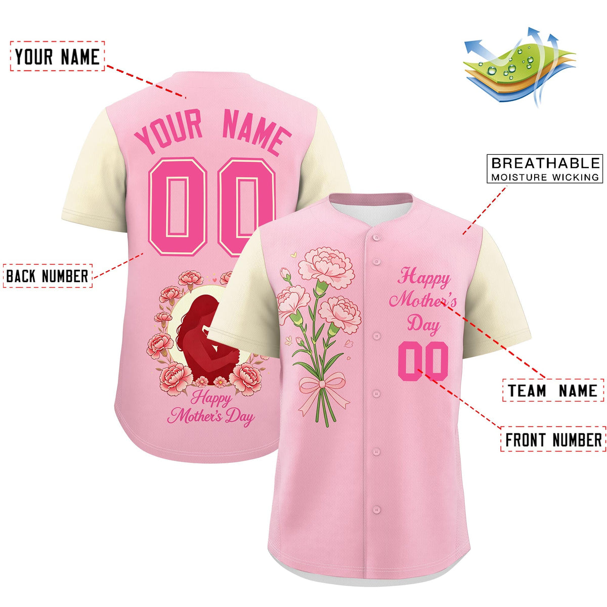 Custom Light Pink Light Khaki Pink Mother's Day Style Personalization Wrinkle-Resistant Baseball Jersey| KXKSHOP