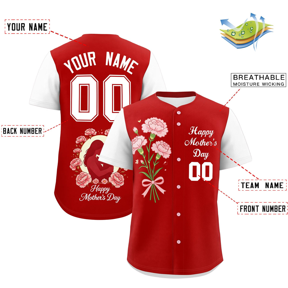 Custom Red White Mother's Day Style Personalization Breathable Baseball Jersey| KXKSHOP
