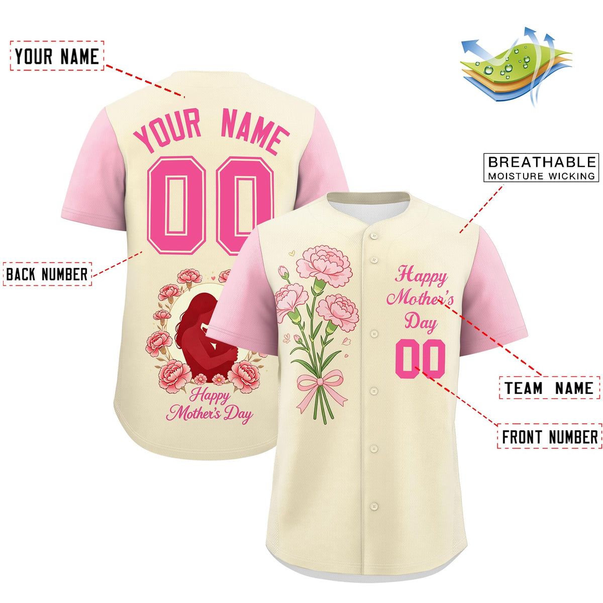 Custom Light Khaki Light Pink Pink Mother's Day Style Personalization Wrinkle-Resistant Baseball Jersey| KXKSHOP