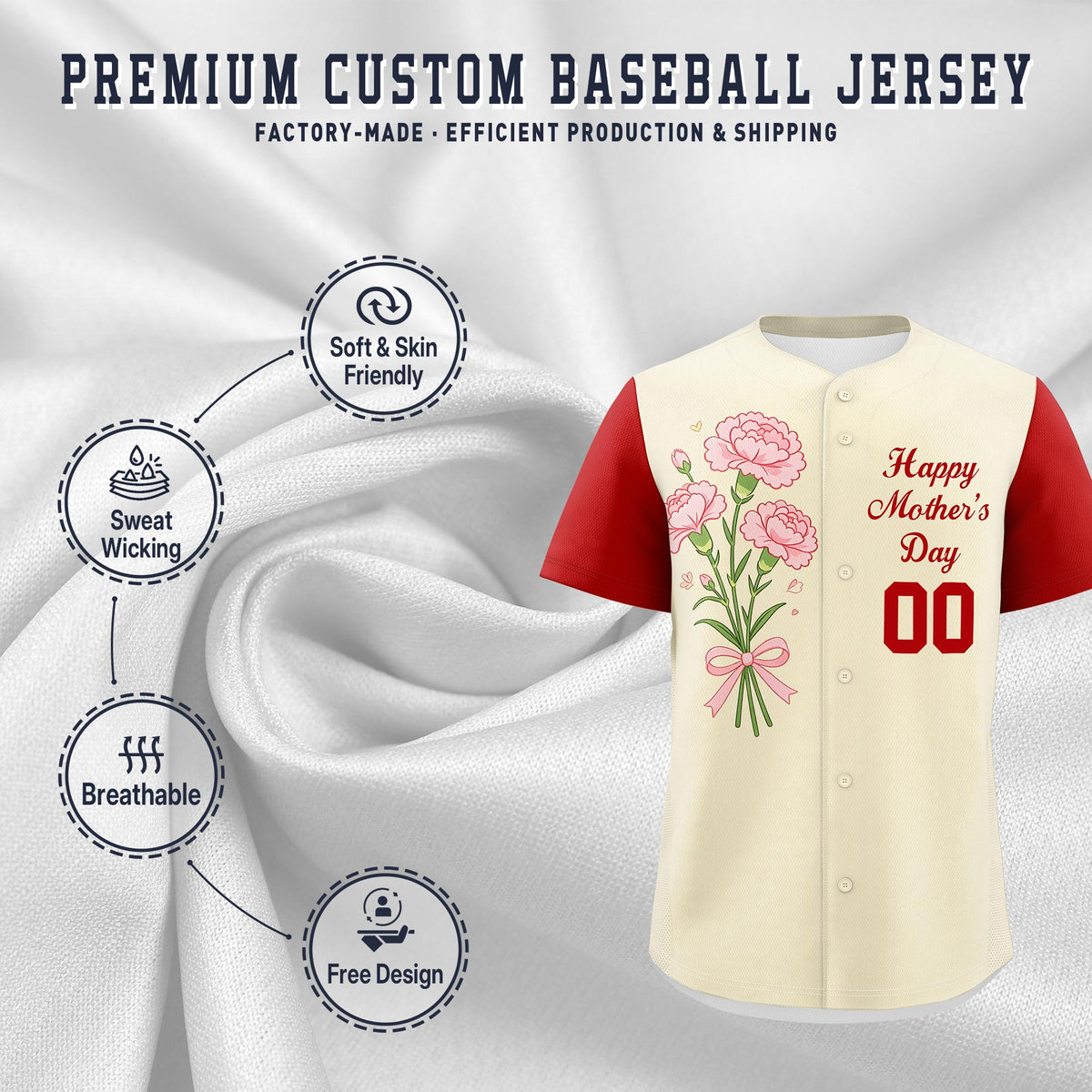 Custom Light Khaki Red Mother's Day Style Personalization Breathable Baseball Jersey| KXKSHOP