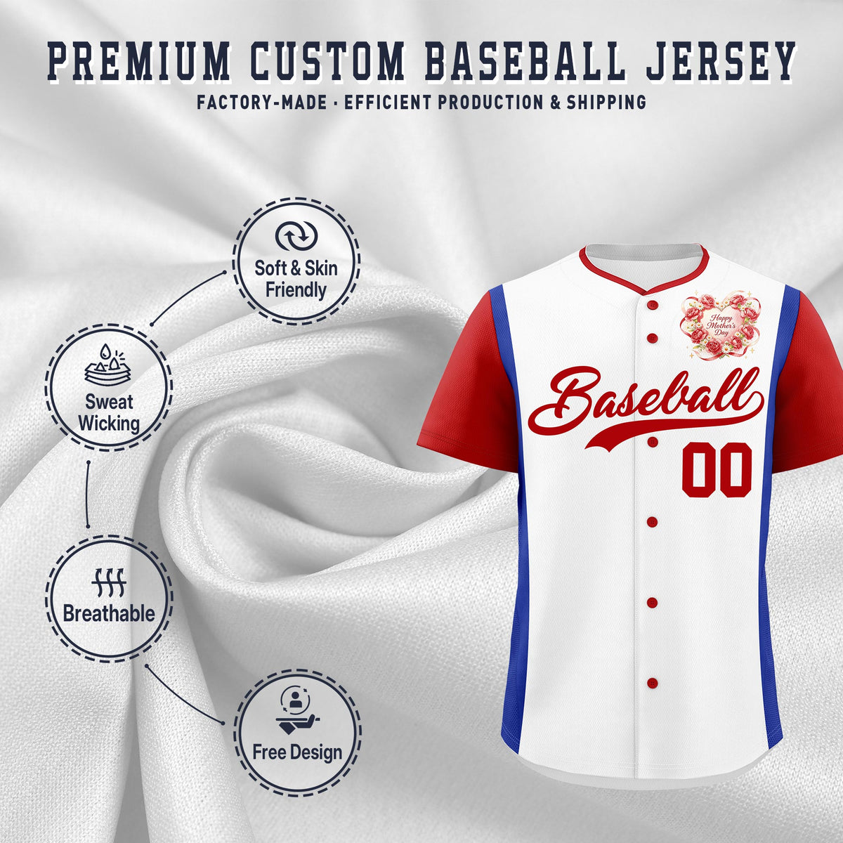 Custom White Red Royal Blue Mother's Day Style Personalization Wrinkle-Resistant Baseball Jersey| KXKSHOP