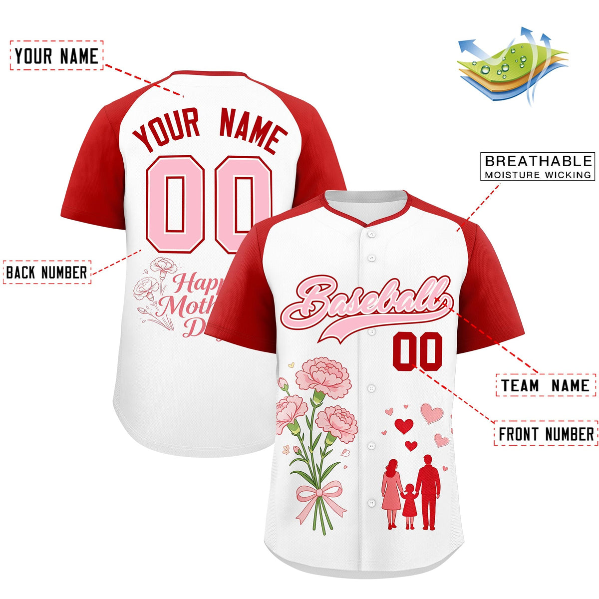 Custom White Red Light Pink Mother's Day Style Personalization Wrinkle-Resistant Baseball Jersey| KXKSHOP