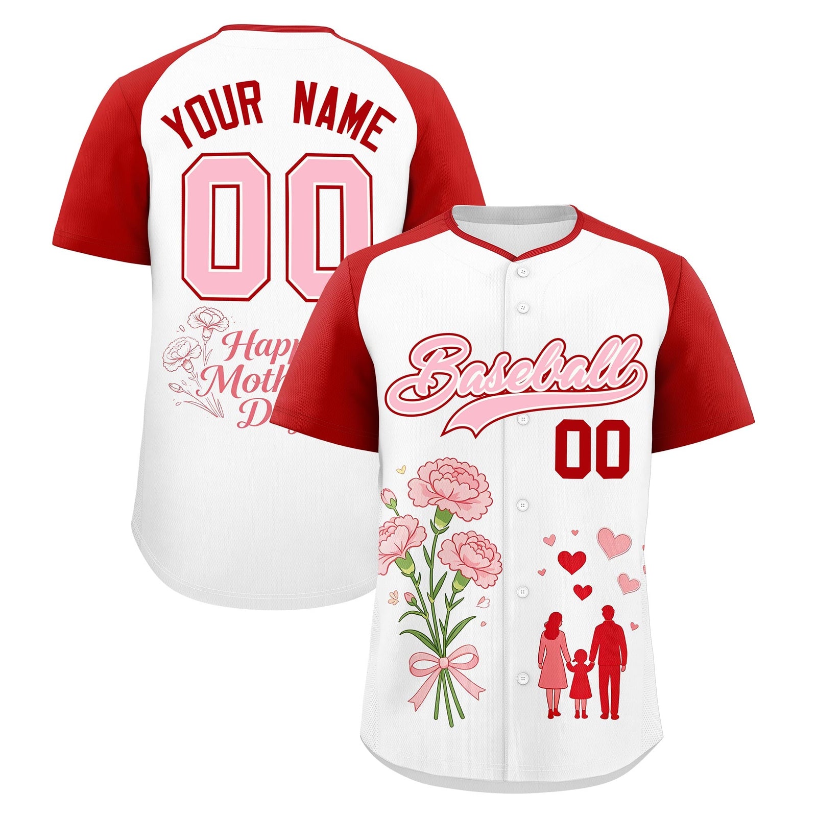 Custom White Red Light Pink Mother's Day Style Personalization Wrinkle-Resistant Baseball Jersey| KXKSHOP
