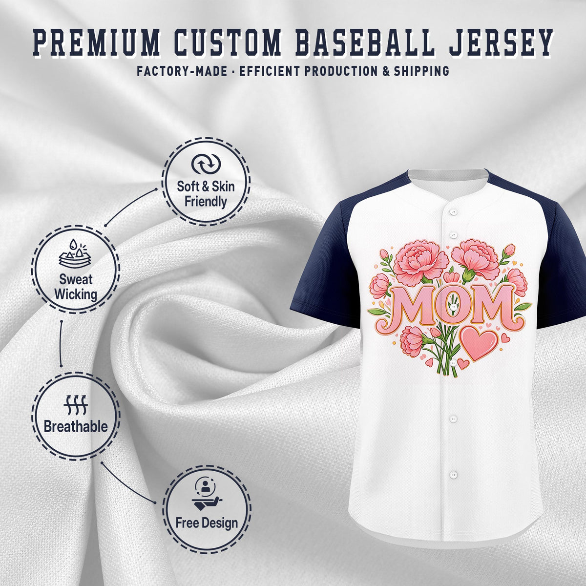 Custom White Navy Light Pink Mother's Day Style Personalization Breathable Baseball Jersey| KXKSHOP