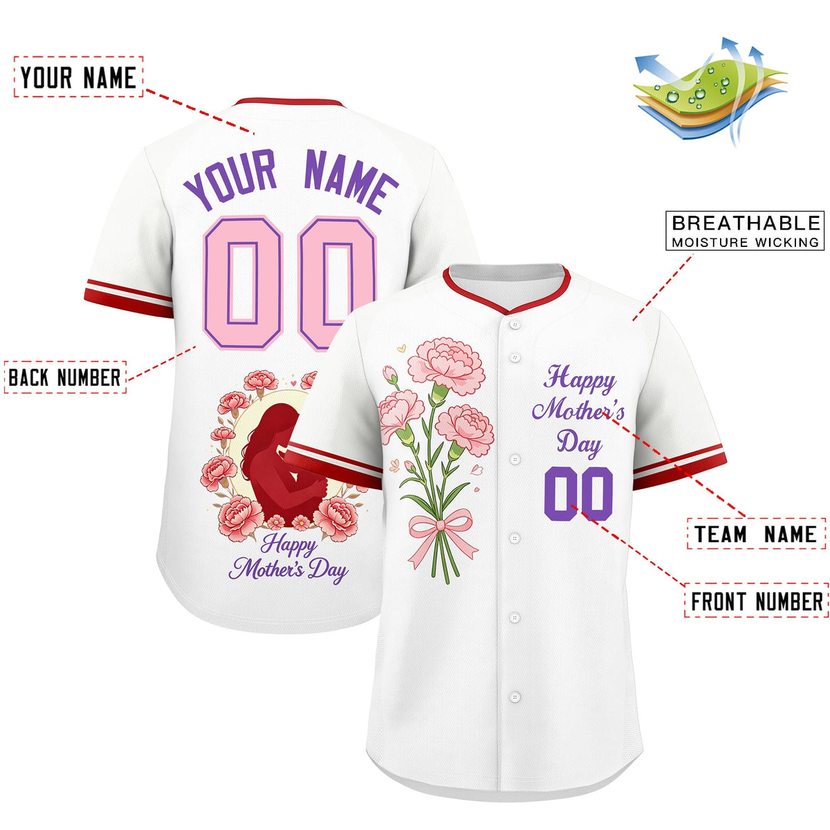 Custom White Red Mother's Day Style Personalization Wrinkle-Resistant Baseball Jersey| KXKSHOP