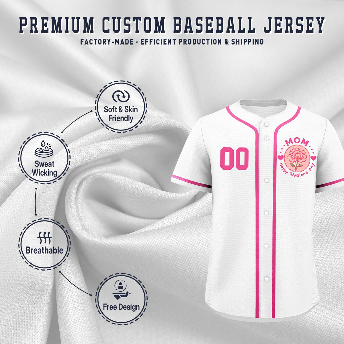 Custom White Pink Mother's Day Style Personalization Wrinkle-Resistant Baseball Jersey| KXKSHOP