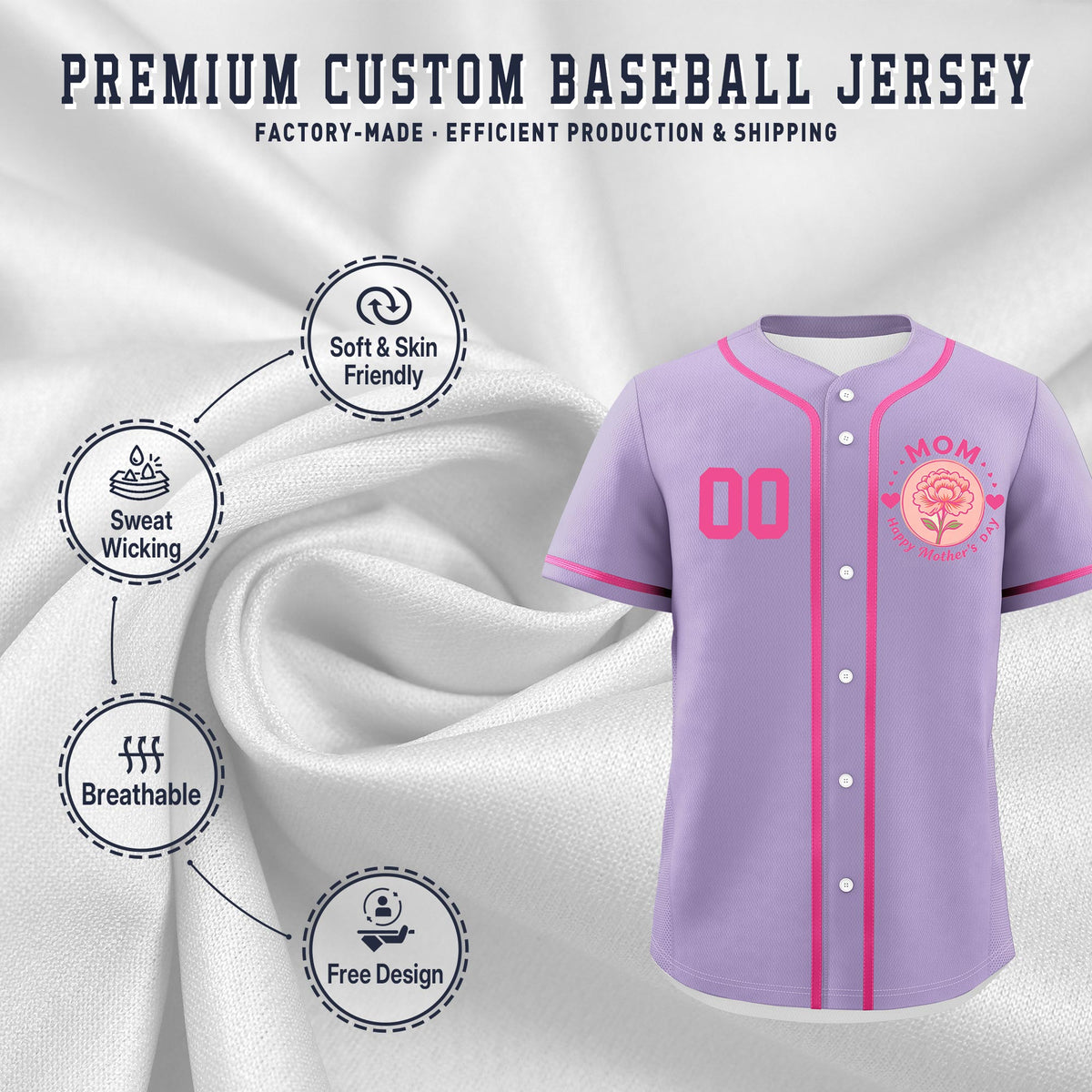 Custom Light Purple Pink Mother's Day Style Personalization Breathable Baseball Jersey| KXKSHOP
