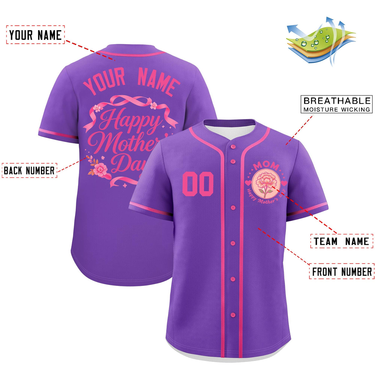 Custom Pink Mother's Day Style Personalization Wrinkle-Resistant Baseball Jersey| KXKSHOP