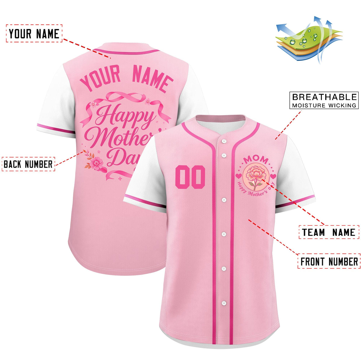 Custom Light Pink White Pink Mother's Day Style Personalization Breathable Baseball Jersey| KXKSHOP