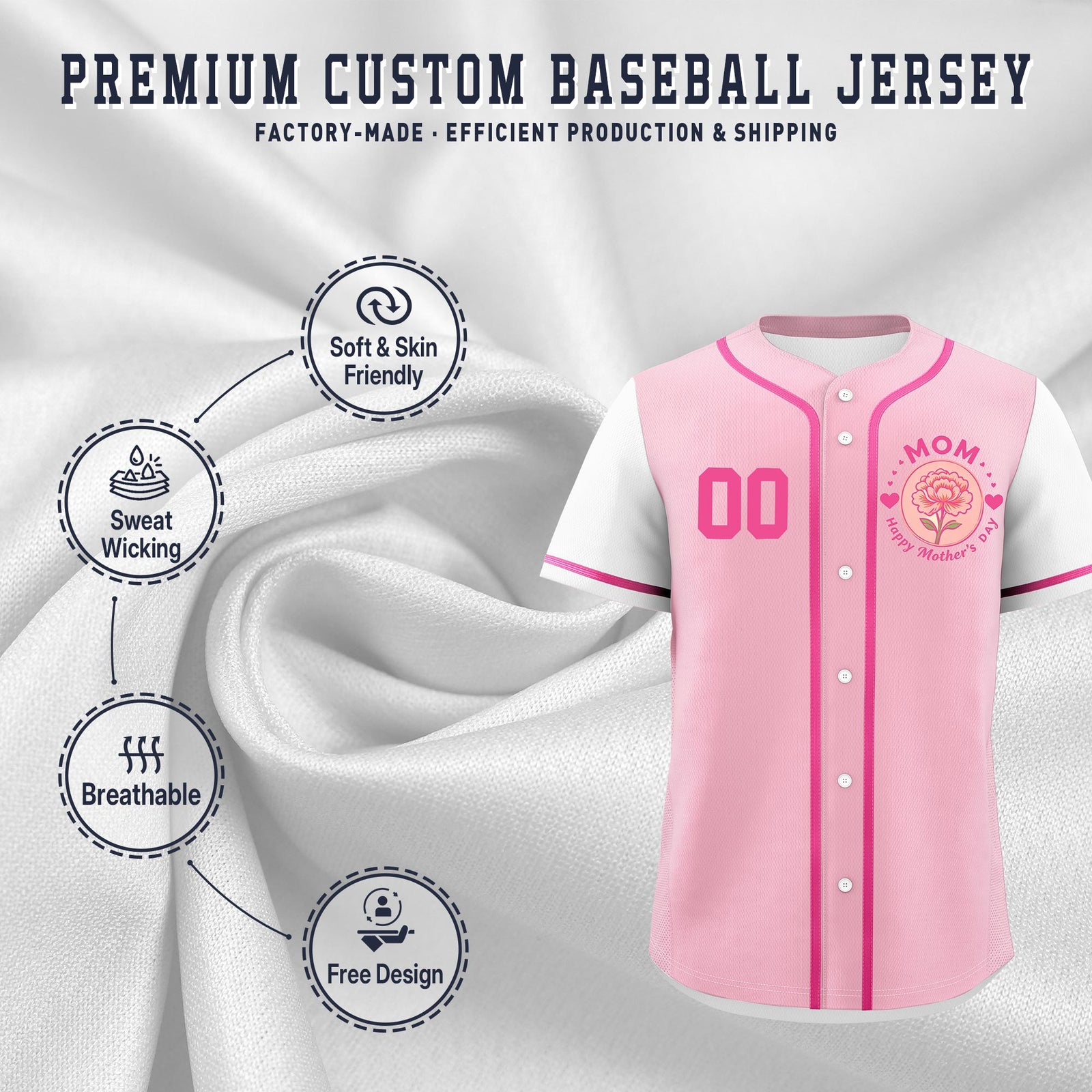 Custom Light Pink White Pink Mother's Day Style Personalization Breathable Baseball Jersey| KXKSHOP