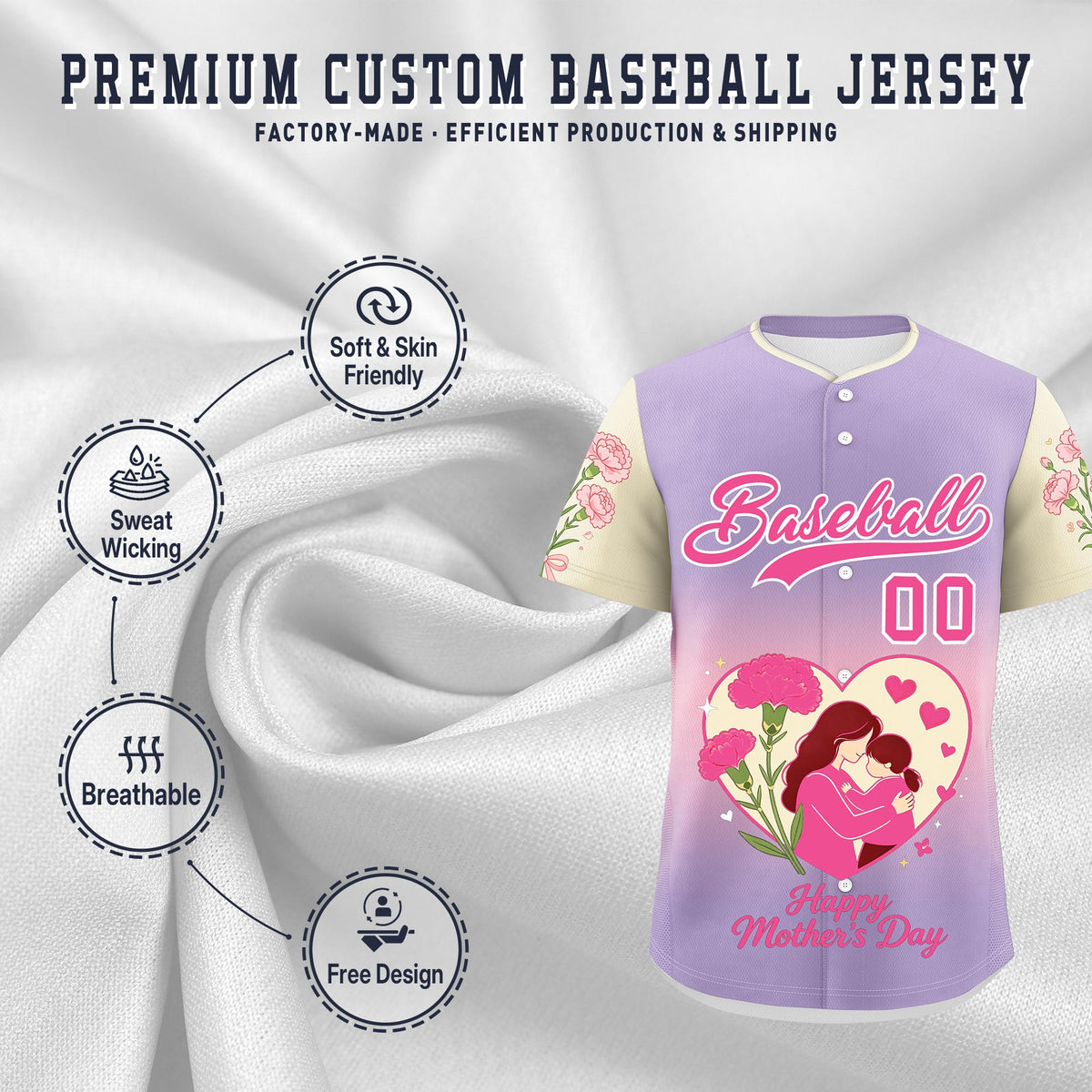 Custom Light Purple Light Pink Light Khaki Mother's Day Style Personalization Wrinkle-Resistant Baseball Jersey| KXKSHOP