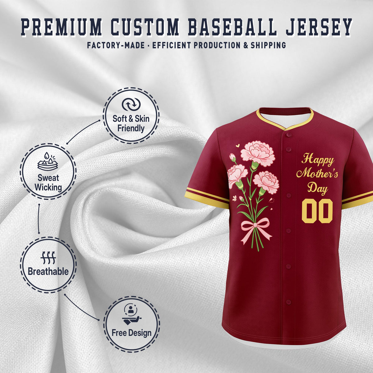 Custom Crimson Khaki Mother's Day Style Personalization Wrinkle-Resistant Baseball Jersey| KXKSHOP